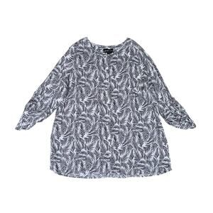 Tahari Button Front Linen Blouse Plus Size 1X White Black Tropical Casual Resort